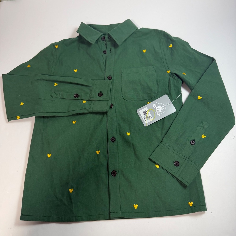 Disney Parks Mickey Mouse Embroidered Green Button Down Shirt Kids Size 9/10 NWT